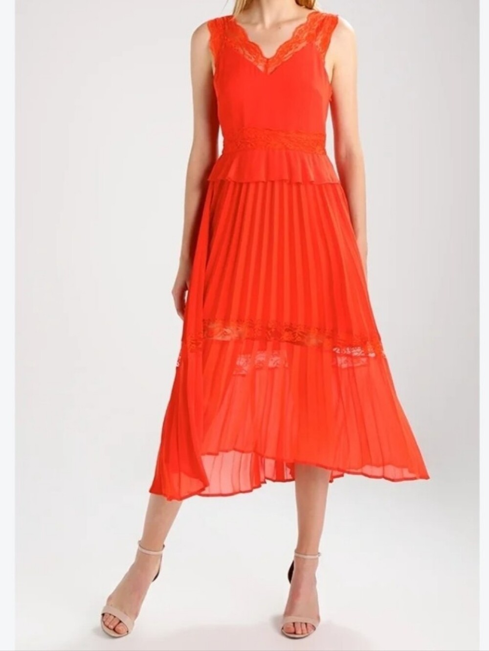 River Island red/orange pleated lace-inset high-low midi dress